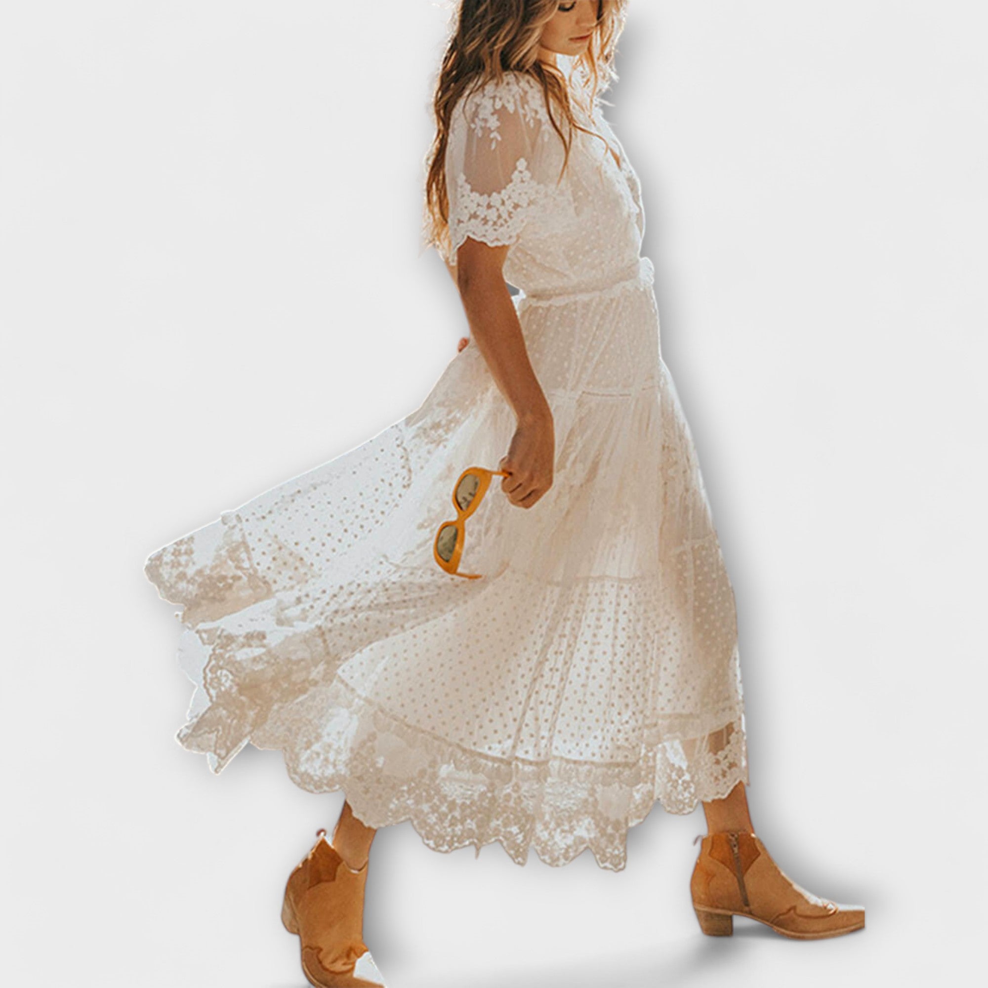 Vestido Midi de Renda com Decote Pontudo