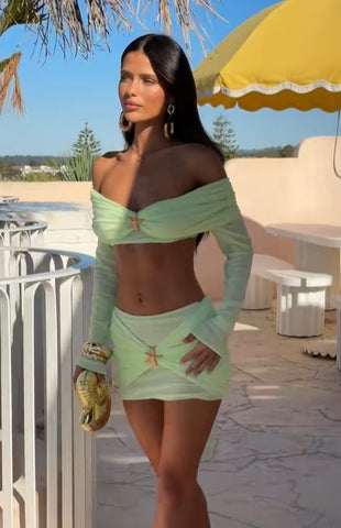 Emerald Glow Ruched Two-Piece Set – Off-Shoulder Crop Top & Mini Skirt