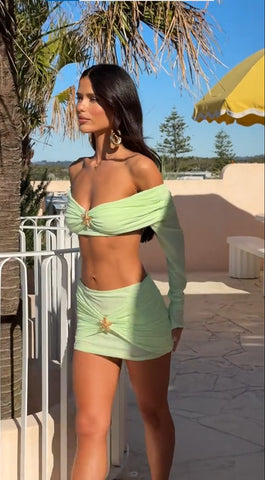 Emerald Glow Ruched Two-Piece Set – Off-Shoulder Crop Top & Mini Skirt